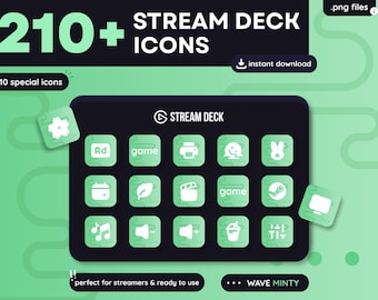 Oltre 210 icone per Stream Deck – Wave Minty Pack – Icone personalizzate per Elgato Stream Deck – Icone per Twitch e OBS – Configurazione per lo streaming – Download immediato