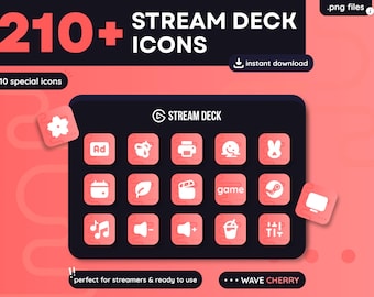 Oltre 210 icone per Stream Deck – Wave Cherry Pack – Icone personalizzate per Elgato Stream Deck – Icone per Twitch e OBS – Configurazione per lo streaming – Download immediato