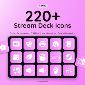 Pode incluir: Uma coleção digital de mais de 220 ícones para Stream Deck com um tema de gradiente rosa claro e roxo. O display mostra uma grade de quinze botões quadrados com símbolos gráficos brancos, incluindo uma flor, impressora e coelho.