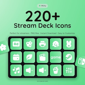 Peut inclure: Une collection numérique de plus de 220 icônes Stream Deck dans une palette de couleurs vert menthe. L'affichage présente une grille de quinze icônes carrées avec des symboles graphiques blancs, dont une fleur, un calendrier, une feuille et des notes.