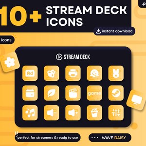 Op de afbeelding: Een digitale afbeelding met meer dan 210 Stream Deck-pictogrammen, tegen een donkere achtergrond met gele accenten. De pictogrammen zijn gerangschikt in een raster, met de woorden "direct downloaden". De tekst "perfect for streamers & ready to use" is ook opgenomen.