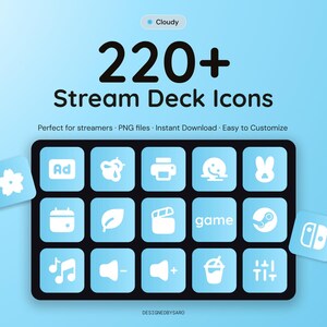 May include: A digital collection of 220+ Stream Deck icons featuring a light blue color palette. The display shows a grid of fifteen square buttons with white graphic symbols, including a printer, musical notes, volume controls, and the word game.