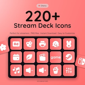 Peut inclure: Une collection numérique de plus de 220 icônes Stream Deck sur le thème cerise. L'affichage présente une grille de quinze icônes carrées avec des graphismes blancs sur fond rose corail, incluant des symboles pour la musique, le volume et le jeu.