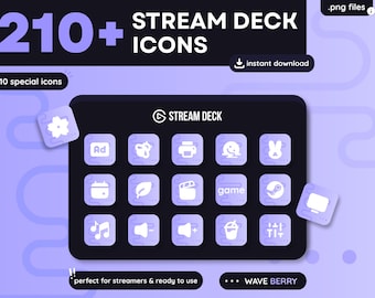 Oltre 210 icone per Stream Deck – Pacchetto Wave Berry – Icone personalizzate per Elgato Stream Deck – Icone per Twitch e OBS – Configurazione streaming – Download immediato