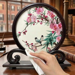 May include: A circular, dark wood framed embroidery featuring pink cherry blossoms, green leaves, and two small birds. The embroidery is set on a dark wood stand. A hand is holding a white cloth near the embroidery.