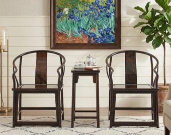 Handmade Ming Drooping Horseshoe Chair Imperial Black Gold Wood Heritage Artisan Mortise Tenon Zen Armchair Set Bespoke Suite Scholar Decor