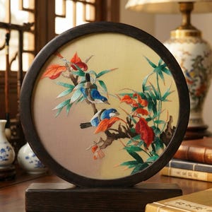 Double Sided Textile Silk Art Suzhou Embroidery Handmade Bird on Branch Framed Table Screen Luxury Zen Home Decor Masterwork Collection Gift