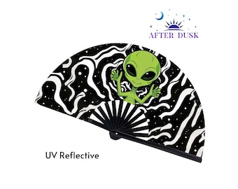 Green Alien Hand Fan | Bamboo Ribs, Festival Rave Accessory, Large Clack Fan