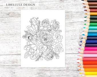 Flower Coloring Page, Daffodils, Tulips and Ranunculus Bouquet Adult Printable Coloring Page Instant Download File