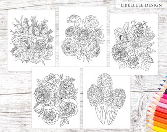 Printable Flower Coloring Pages - 5 Adult Coloring Pages - Roses, Poinsetia, Ranunculus, Hyacinth - Digital Instant Download