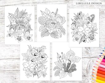 Printable Exotic Flower Coloring Pages - 5 Adult Coloring Pages - Orchids, Lotus - Digital Instant Download