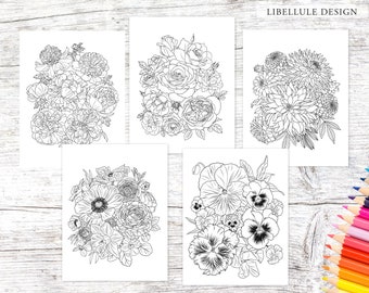 Flora - Flower Coloring Book, Hand Drawn Adult Printable Coloring Pages Instant Download