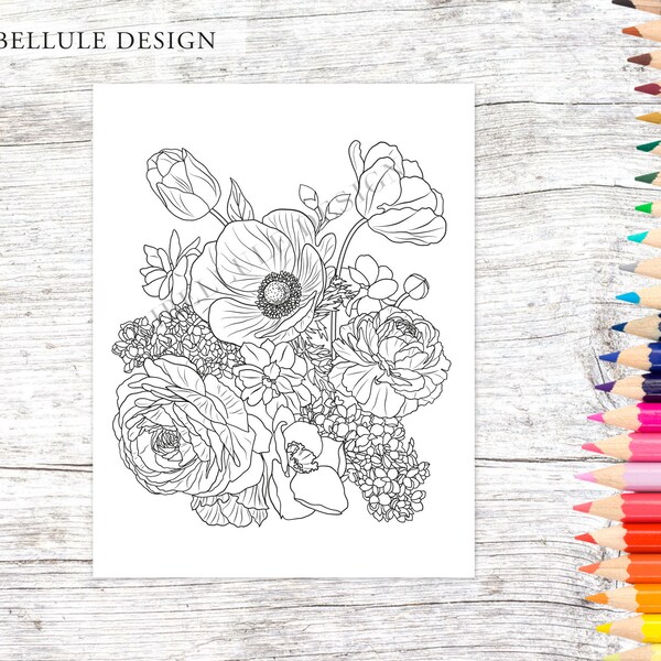 Botanical Coloring Page, Hand Drawn Adult Printable Coloring Page Instant Download
