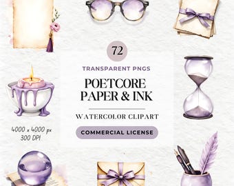 Imágenes prediseñadas de acuarela Poetcore, imágenes PNG de escritura lavanda, pegatinas para diario (descarga digital)