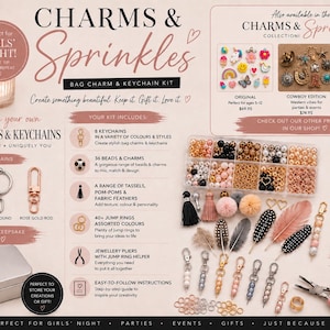 Może przedstawiać: Zestaw do tworzenia breloków Charms & Sprinkles zawierający przezroczysty organizer z różnorodnymi koralikami, zawieszkami, chwostami, pomponami i piórami. W zestawie osiem metalowych breloków, kółeczka montażowe, szczypce jubilerskie i metalowe pudełko.
