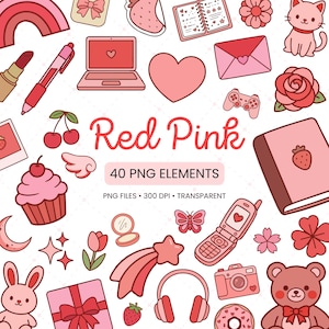 May include: A collection of 40 red and pink digital illustrations featuring a laptop, heart, envelope, cat, rose, cherries, cupcake, book, flip phone, camera, headphones, teddy bear, rabbit, gift, and various icons with the text Red Pink 40 PNG ELEMENTS.