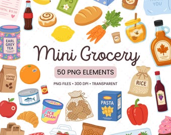 Mini Grocery Clipart Bundle, Flat Color Food Pantry PNG Graphics (Digital Download)