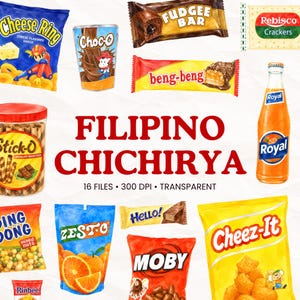 Op de afbeelding: Een verzameling van diverse snackverpakkingen waaronder Cheese Ring, Choc-O, Fudgee Bar, Rebisco Crackers, beng-beng, Stick-O, Ding Dong, Zesto, Hello, Moby, Rinbee en Cheez-It, plus een fles Royal frisdrank, met de tekst FILIPINO CHICHIRYA.