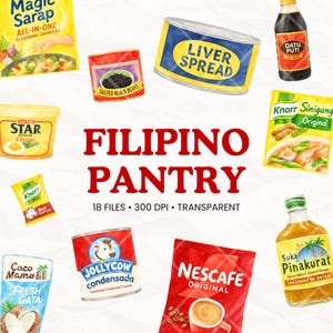 May include: Watercolor illustration of Filipino pantry staples, including seasoning granules, salted black beans, liver spread, soy sauce, and sinigang mix. The text "FILIPINO PANTRY" is prominently displayed, along with other products.