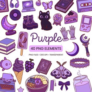 Könnte beinhalten: Eine Sammlung von 40 lila Illustrationen, darunter eine schwarze Katze, eine Mondsichel, Bücher, Eiscreme, Weintrauben, eine Motte, eine Schreibmaschine und eine Handheld-Spielkonsole, mit dem Text Purple 40 PNG ELEMENTS PNG FILES 300 DPI TRANSPARENT.