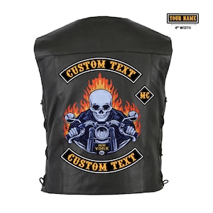 May include: Black leather vest with a large patch featuring a skull riding a motorcycle, surrounded by flames. The patch includes the text "CUSTOM TEXT" and "NEW YORK MC". A smaller patch reads "YOUR NAME" and is 4 inches wide.
