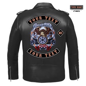 May include: Black leather motorcycle jacket with a classic biker design. Features a large back patch with an eagle, motorcycle, and the text "YOUR TEXT" and "Classic Bike Motor Club". Includes a small patch that says "MC" and a customizable name patch.