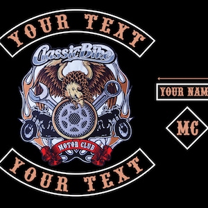 Sew On Motorbike Jacket Patches, Custom 5-Piece Biker Set, Center Large Back Patch, Top and Bottom Rocker Patches, MC Club Patch and Name