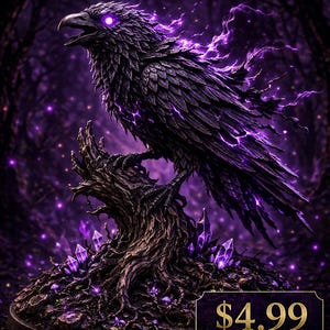 May include: Digital art of a black raven with glowing purple eyes and energy, perched on a tree branch with purple crystals. The text "Rift Crow" is at the top, and "Cantrip Crafts" is at the bottom.