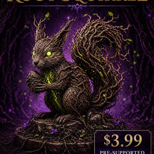 May include: Digital download image featuring a detailed illustration of a squirrel made of roots and vines, holding a nut. The squirrel has glowing green eyes and is set against a dark purple background. The text "ROOT SQUIRREL" is at the top.