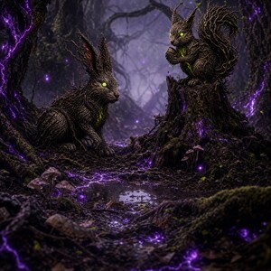 Puede incluir: Una obra de arte digital que representa una escena de bosque oscuro y místico. Un conejo y una ardilla, hechos de ramas y vides, tienen ojos verdes brillantes. Efectos púrpuras en forma de relámpagos iluminan el suelo del bosque.