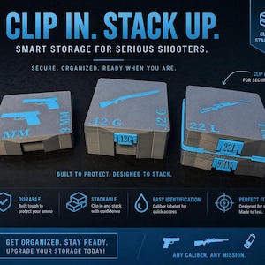 May include: Three grey stackable storage boxes with blue accents and labels for different ammunition calibres. The boxes have the text "CLIP IN. STACK UP." and "SMART STORAGE FOR SERIOUS SHOOTERS."