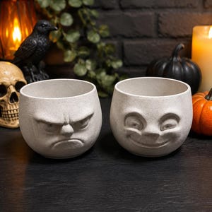 May include: Two off-white, textured ceramic planters shaped like rounded heads. The left planter features a sculpted, frowning face with furrowed brows, while the right planter displays a sculpted, smiling face with wide, cheerful eyes.