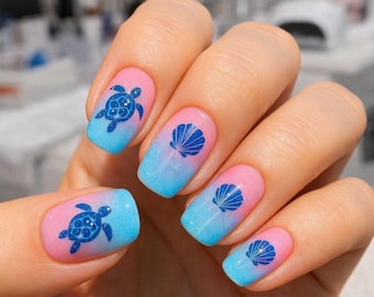 Cute Turtle Beach Press On Nails Blue Pink Ocean Design Short Nails Glossy Summer Vacation Nails Reusable Fake Nail Set Gift