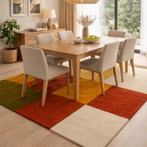 Bright Modern Dining Room with Wooden Furniture, Neutral Tones, Colorful Patchwork R