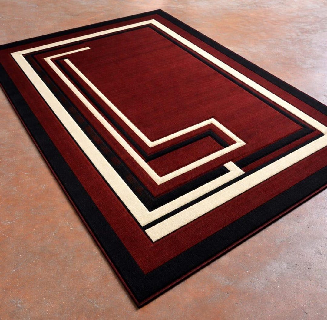 Modern Geometric Border Area Rug – Burgundy Red, Black & Ivory Linear ...