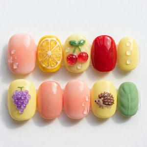 Uñas postizas 3D con diseño de frutas de verano / Uñas postizas Kawaii de limón, cereza y uva / Caja de uñas personalizada pintada a mano con diseño de gotas de rocío de gelatina