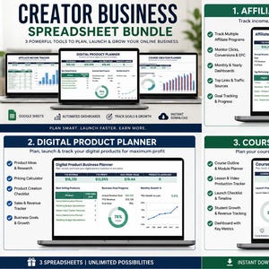 May include: A Creator Business Spreadsheet Bundle featuring three digital tools: an Affiliate Income Tracker, a Digital Product Planner, and a Course Creation Planner. Each tool displays data dashboards, charts, and progress metrics on laptop screens.