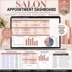 May include: A digital salon appointment dashboard spreadsheet displayed on a laptop screen, featuring data tables, revenue trend line graphs, and a service breakdown pie chart. The interface includes sections for appointments, revenue, and client management.