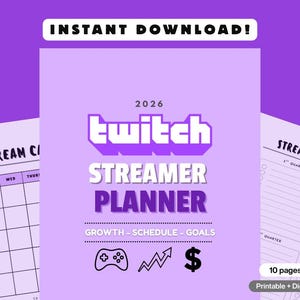 Planificador para streamers de Twitch 2026 / Calendario de transmisiones, planificador de contenido, seguimiento del crecimiento, descarga imprimible y digital.