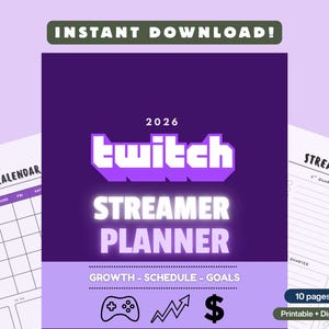 Peut inclure: Un planificateur de streamer violet et blanc pour 2026 avec le logo Twitch. Le planificateur comprend des sections pour la croissance, l'emploi du temps et les objectifs. L'image comprend également un calendrier de flux et une page de trimestre de flux.