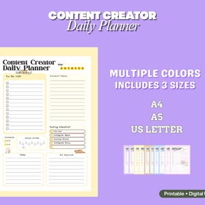 May include: A digital daily planner for content creators, with sections for to-do lists, content ideas, and a posting checklist. Available in multiple colours and three sizes: A4, A5, and US Letter. The image text reads "Content Creator Daily Planner".