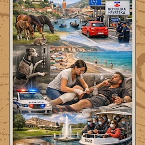 May include: A multi-image collage showing a coastal town, horses, a red car, a dog, a beach scene, a police car, a couple, a boat with passengers, and a modern interior. The image has a brown border.