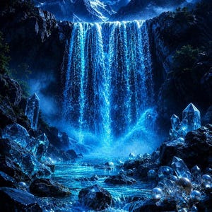 May include: A luminous blue waterfall cascades down dark, jagged mountain cliffs under a bright full moon. The foreground features a stream filled with glowing, translucent crystal formations and scattered, smooth white spherical pearls.