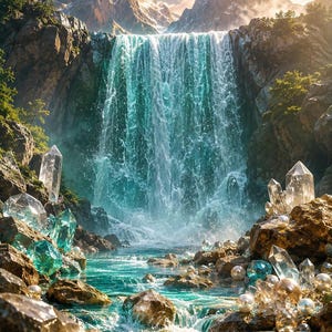 May include: A cascading waterfall flows into a turquoise pool surrounded by jagged rocky cliffs and snow-capped mountains. The foreground features clusters of clear quartz crystals and scattered white pearls resting among dark stones in the water.
