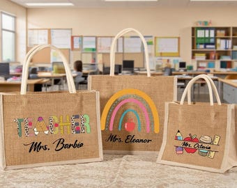 Borsa tote personalizzata per insegnanti, borsa in iuta con nome, regalo di ringraziamento per insegnanti, regalo per esprimere apprezzamento.