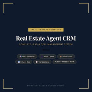 Könnte beinhalten: Dunkelblaue Grafik mit goldenen Akzenten. Der Text lautet "Real Estate Agent CRM" und "Complete Lead & Deal Management System". Schaltflächen sind "Live Dashboard", "Buyer Leads" und "Seller Leads". Das Bild zeigt auch "Excel - Instant Download".