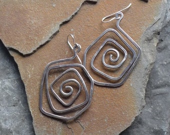 Hammered sterling silver spirals, sterling silver spirals, asymmetrical sterling hoops, hammered hoops, hammered silver hoops, spiral ear