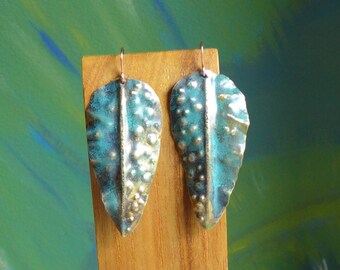 Textured verdigris leaf earrings, fold formed leaf earrings with patina, verdigris and greens leaf earrings, patinated leaf earrings, leaves