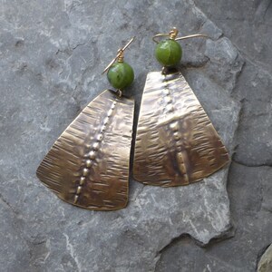 Fold formed brass and jade shield earrings