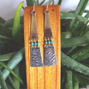 Split triangular brass and turquoise earrings